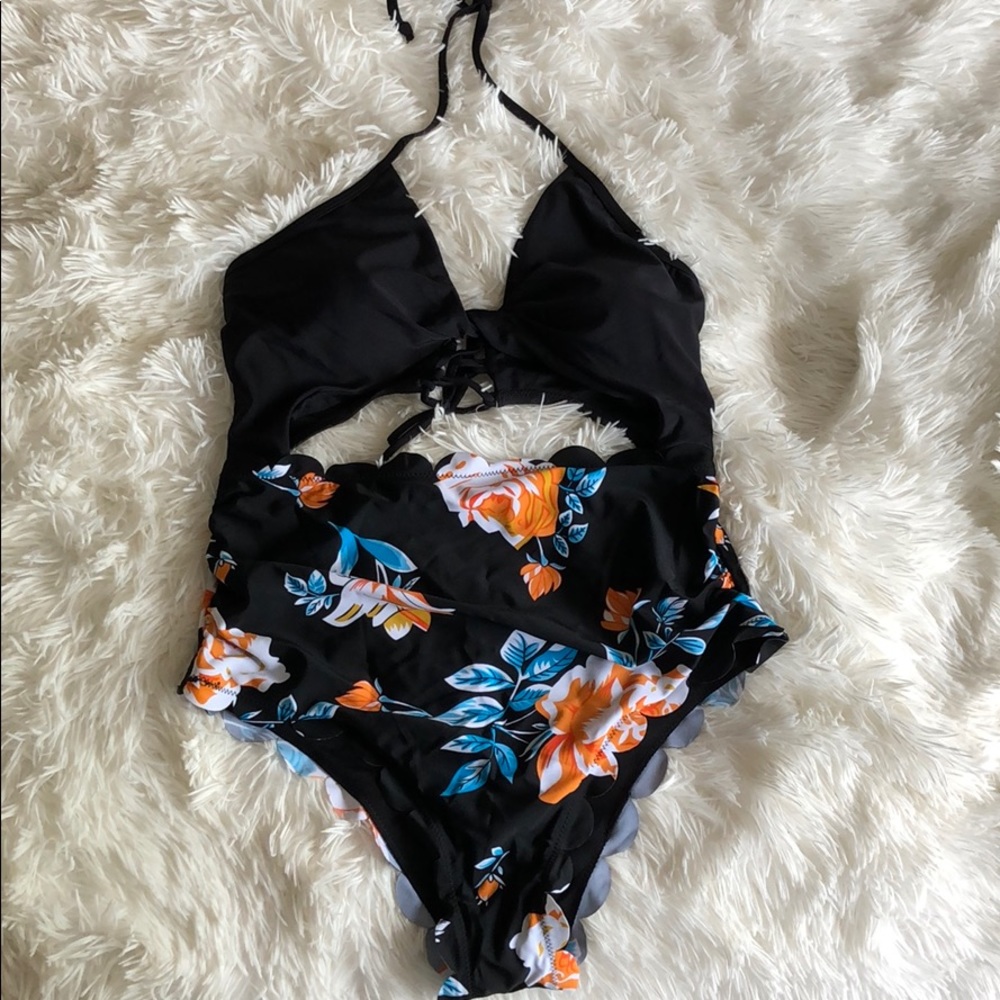 Black floral one piece with cutout